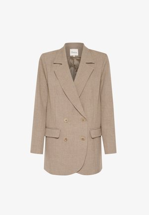 Sacou dublu în bej deschis, dintr-un material ușor, cu rever în formă de notch, două buzunare frontale și butoane maro. Textură netedă cu o croială ajustată.