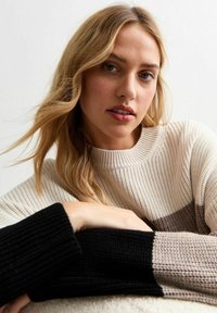 Pull en maille avec un col rond et un design bicolore en crème, beige et noir. Manches texturées avec des poignets côtelés.