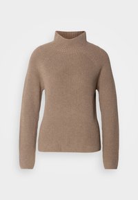 Pull en maille côtelée beige à manches longues et col montant, doté d'une conception d'épaule raglan sans coutures.