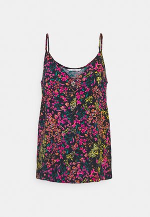 Ärmellose schwarze Bluse mit dünnen Trägern und Knöpfen vorne, mit einem mehrfarbigen Blumenmuster in Pink, Orange, Gelb und Grün.