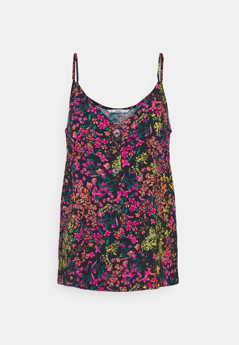 Blouse noire sans manches avec fines bretelles et boutons sur le devant, présentant un motif floral multicolore en rose, orange, jaune et vert.
