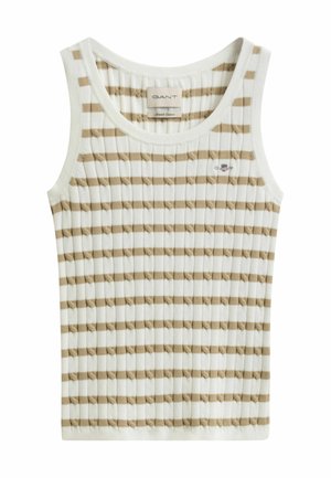 Sleeveless ribbed knit tank top with horizontal beige and white stripes and a small embroidered logo on the left chest.