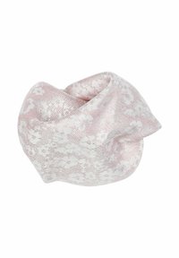 Strickschal in Pink mit zartem floralen Muster in Weiß. Weiche Textur, leicht gedrehte Form und leichtes Design, ideal zum Layering.