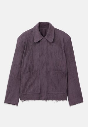 Purple textured jacket with a collar, two front pockets, and frayed hem. Made from a lightweight material with a subtle striped pattern.