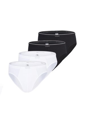 Cztery męskie bawełniane majtki w kolorach czarnym i białym, ułożone w schodkową stos z widocznymi pasami i przednimi szwami.