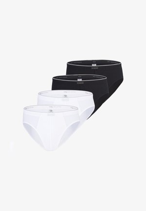 Fire herre bomuldstrusser i sort og hvid, arrangeret i en staggeret stak med synlige linninger og forreste sømme.