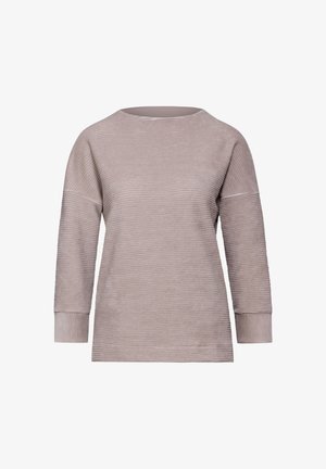Ljusgrå långärmad topp med vid båthals, ribbad textur och avslappnad passform. Har neddragna axlar och uppvikta ärmar.