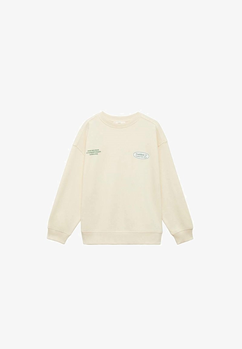 Felpa color crema con colletto rotondo, maniche lunghe a raglan, polsini a coste e dettagli del logo stampato sul petto. Tessuto morbido.