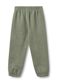 Zöld pamut melegítőnadrág elasztikus derékrésszel, szűkített passzékkal és puha, bolyhos tapintással, a kényelem és a könnyű viselet érdekében tervezve.