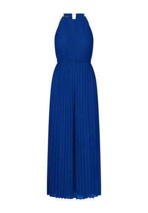 Blauwe geplooide overall met een halterneklijn, elastische tailleband en zijsplitten. Bevat subtiele gouden accenten bij de halslijn.