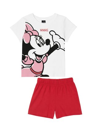 Maglietta bianca a maniche corte con grande grafica di Minnie Mouse rosa e nera e pantaloncini rossi con vita elastica, abbigliamento casual per bambini.