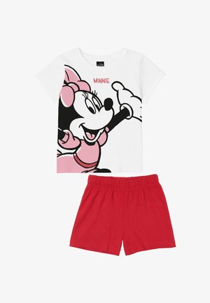 Maglietta bianca a maniche corte con grande grafica di Minnie Mouse rosa e nera e pantaloncini rossi con vita elastica, abbigliamento casual per bambini.