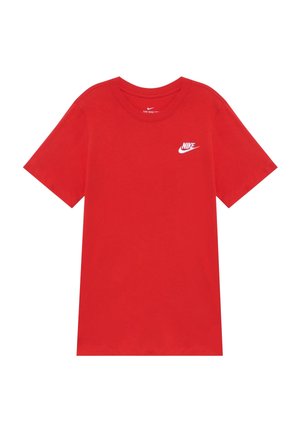 Rotes Nike-T-Shirt mit kurzen Ärmeln, Rundhalsausschnitt und weißem Nike-Logo auf der linken Brust.