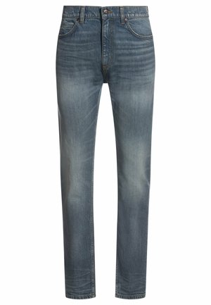 Mørkeblå denim jeans med lige pasform, slidte områder, fem lommer og kontrastsyninger. Sølvhardware på taljebåndet.