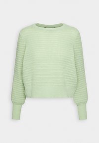 Ljusgrön stickad tröja med en texturerad, ribbad design, rund halsringning och långa ärmar. Croppad längd med en avslappnad passform.