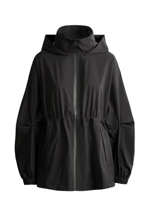 Veste à capuche noire avec fermeture éclair à l'avant, taille élastique, poches latérales et poignets élastiques, présentée sur fond blanc.