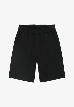 Czarne szorty wykonane z gładkiej tkaniny z elastycznym pasem, z dwoma bocznymi kieszeniami i luźnym krojem.