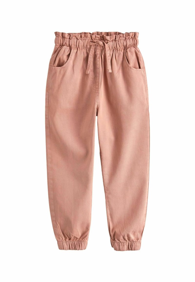 Pantaloni jogger rosa con cintura elasticizzata, tasche laterali e caviglie affusolate. Realizzati in tessuto morbido con una texture liscia e cordino regolabile.