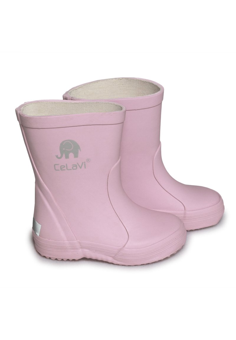 Des bottes de pluie en caoutchouc rose avec une finition lisse, une forme arrondie et des semelles texturées. Présente un logo d'éléphant gris sur le côté.