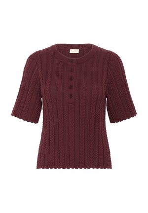 Burgundy knitted short-sleeve sweater with a textured cable pattern and four-button placket. Scalloped hem and round neckline.