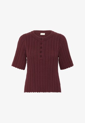 Suéter de punto corto de manga corta en color burdeos con un patrón de cable texturizado y placket de cuatro botones. Dobladillo con forma de ondas y escote redondo.