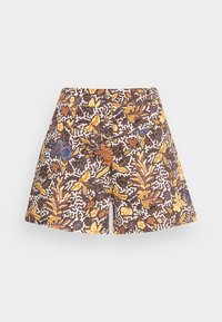 Korte broek met bloemenpatroon in meerdere kleuren: geel, bruin en blauw. Voorzien van een aansluitende taille, twee zakken aan de voorkant en een knoopsluiting.