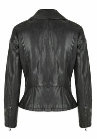 Schwarze Lederjacke mit tailliertem Design, die eine glatte Textur, Schulternaht und Reißverschlussärmel zeigt. Keine sichtbaren Muster oder Hardwaredetails.