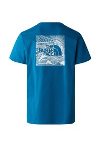 Camiseta de algodón azul con un diseño gráfico blanco en la parte posterior, que representa montañas y el logo de "The North Face" en un cuadrado.