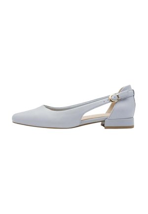 Ballerines bleu clair avec bout pointu, côtés ajourés et petit talon carré. Dotées d'une boucle décorative sur la bride réglable.