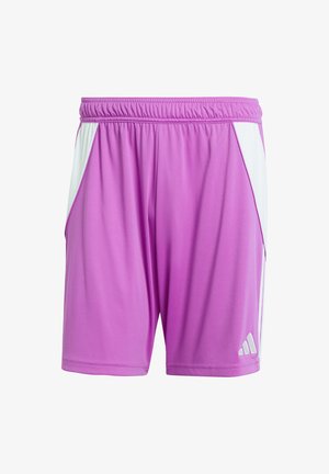 Rosa Sportshorts aus leichtem Material, mit elastischem Bund und weißen Seitenakzenten. Mit drei weißen Streifen nahe dem Saum.