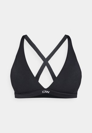 Zwarte bralette met een driehoekige vorm, verstelbare kruisbanden en een gladde textuur. Voorzien van een logo op de voorband.