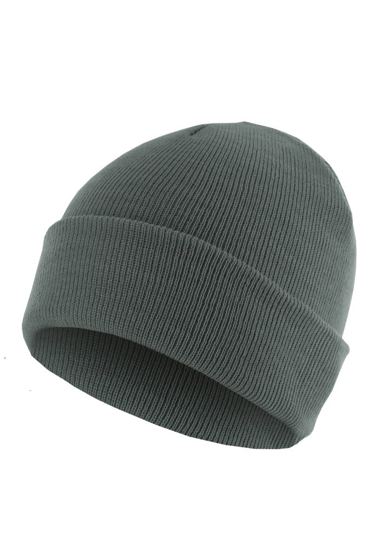 Căciulă tricotată gri, textură moale, design cu nervuri, formă ajustată, cu un manșon pliat pentru un plus de confort. Potrivită pentru vreme rece.