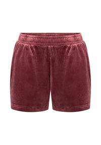 Fluwelen shorts in een diepe bordeauxkleur met een elastische tailleband, met een gladde textuur en een relaxte pasvorm zonder zichtbare versieringen.