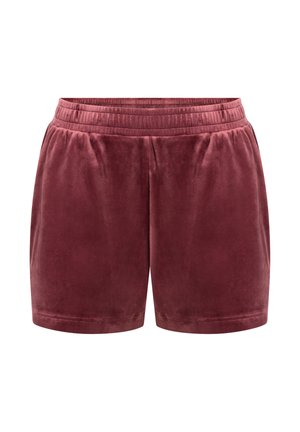 Samtschorts in einem tiefen Burgunderrot mit einem elastischen Bund, ausgestattet mit glatter Textur und lockerer Passform ohne sichtbare Verzierungen.