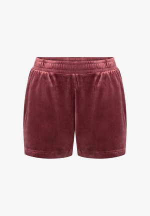 Fluwelen shorts in een diepe bordeauxkleur met een elastische tailleband, met een gladde textuur en een relaxte pasvorm zonder zichtbare versieringen.
