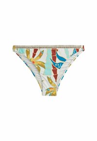 Mint az alapszínű bikini alsó, amely mintás anyagból készült, kék, arany és piros mintákkal fehér háttéren. Rugalmas derékrész díszvarrással.