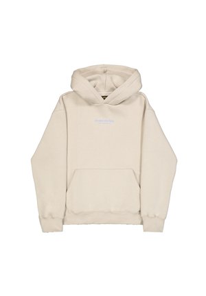 Hoodie beige avec une poche kangourou, capuche avec cordon de serrage, et texte "STUDIO EDITION" en bleu clair. Tissu doux et décontracté avec des poignets côtelés.