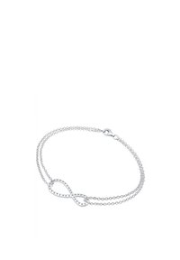 Bracelet en argent avec double chaîne et un pendentif en forme de symbole infini orné de petites pierres incrustées, fixé par un fermoir mousqueton.