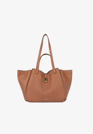 Sac fourre-tout en cuir marron avec deux bretelles d'épaule et une fermeture dorée, arborant le logo "Lancaster Paris" au centre en bas.