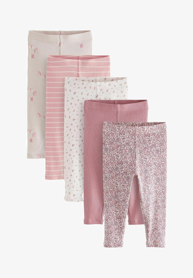 Ensemble de cinq leggings dans différentes nuances de rose. Comprend des motifs floraux, des rayures et une texture côtelée. Tissu confortable et extensible pour un port quotidien.