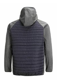 Kurtka z kapturem z granatowym pikowanym tyłem i szarymi rękawami. Charakteryzuje się gładką teksturą, kontrastowymi kolorami oraz zaokrąglonym kapturem.