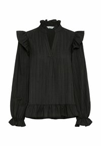 Blusa nera con maniche lunghe, spalle arricciate e leggero volantino all'orlo. Motivo a righe verticali; tessuto leggero.