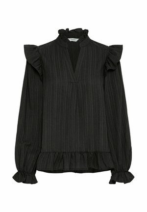 Juoda bliuska su ilgomis rankovėmis, raukšlėtomis petnešomis ir lengvu užlenkimu apačioje. Vertikalių dryžių raštas; lengvas audinys.