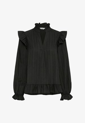 Blouse noire à manches longues, épaules froncées et un léger volant à l'ourlet. Motif à rayures verticales ; tissu léger.