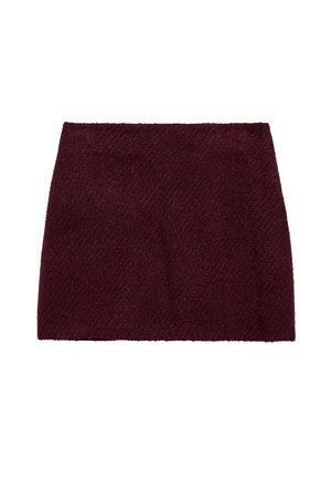 Mørk bourgogne tekstureret mininederdel med lige kant og høj talje, vist på en hvid baggrund.