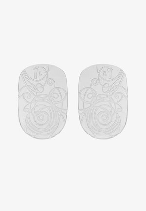 Pair of white gel insoles with left and right foot markings and raised swirl and line patterns for grip and comfort.