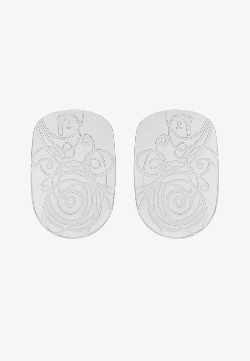 Pair of white gel insoles with left and right foot markings and raised swirl and line patterns for grip and comfort.