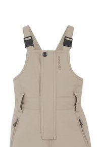 Beige geïsoleerde overall met verstelbare zwarte banden, sluiting met knopen aan de voorkant, twee zijzakken met rits en een logo op de borst. Glad textuur.