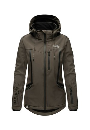 Braune Softshelljacke mit Kapuze, Reißverschlüssen an der Vorderseite und den Ärmeln, Kordelzügen und "Marikoo Mountain"-Logos auf der Brust und dem Ärmel.
