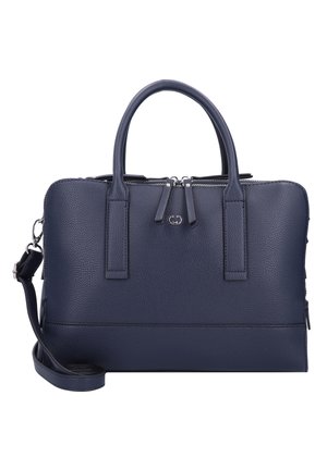 Sac à main en cuir marine avec deux poignées supérieures, une bandoulière amovible, une fermeture éclair et une finition texturée. Présente des accents matériels visibles.